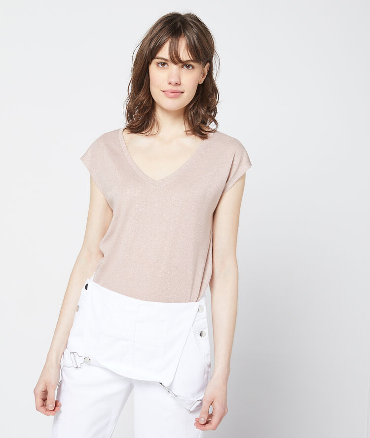 Camiseta metalizada con cuello en v c.beige.