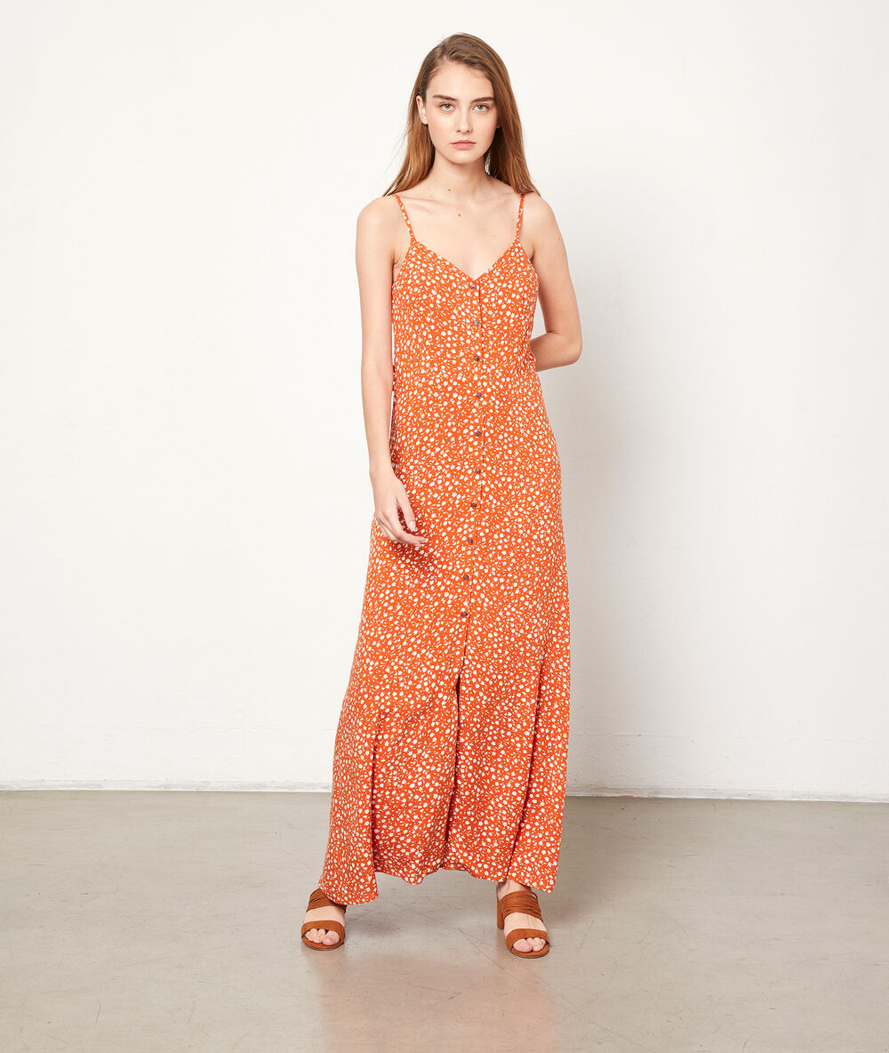 Vestido largo estampado naranja.