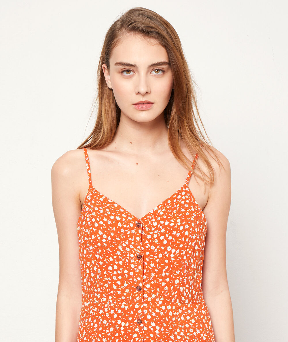 Vestido largo estampado naranja.