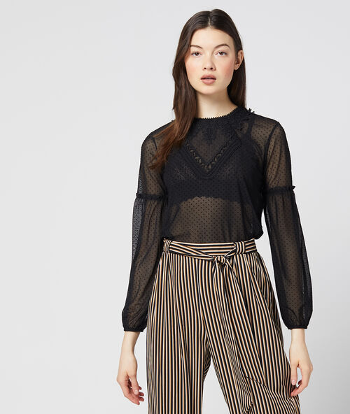 Top efecto transparente de guipur negro.