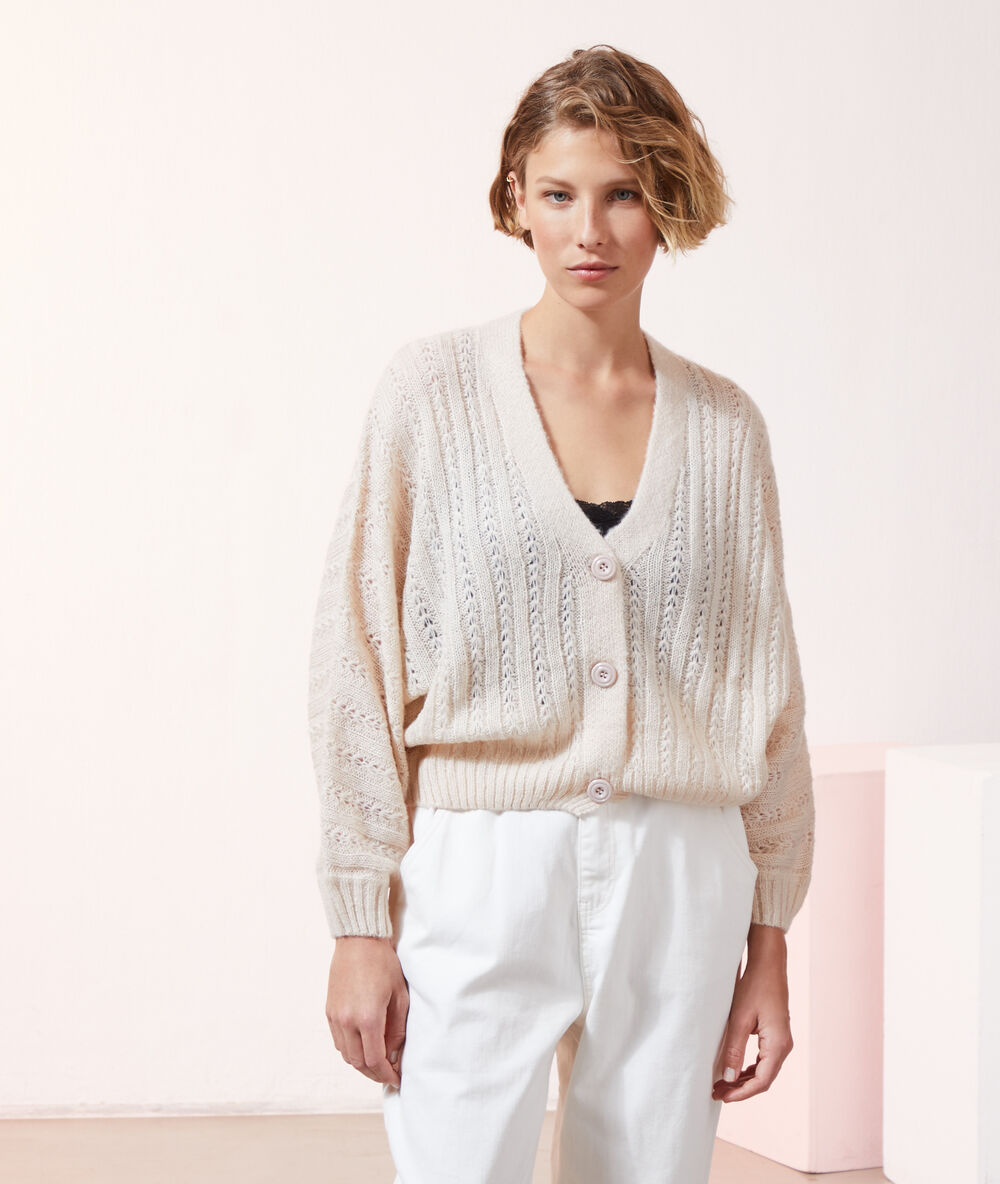 Gilet ample en maille pointelle beige rose.