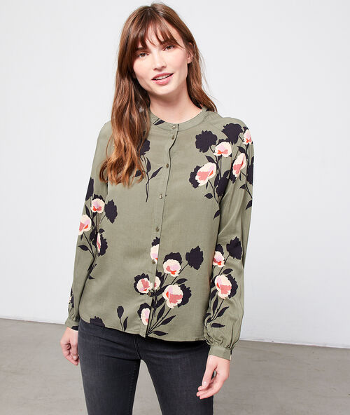 Camisa cuello mao estampado floral caqui.