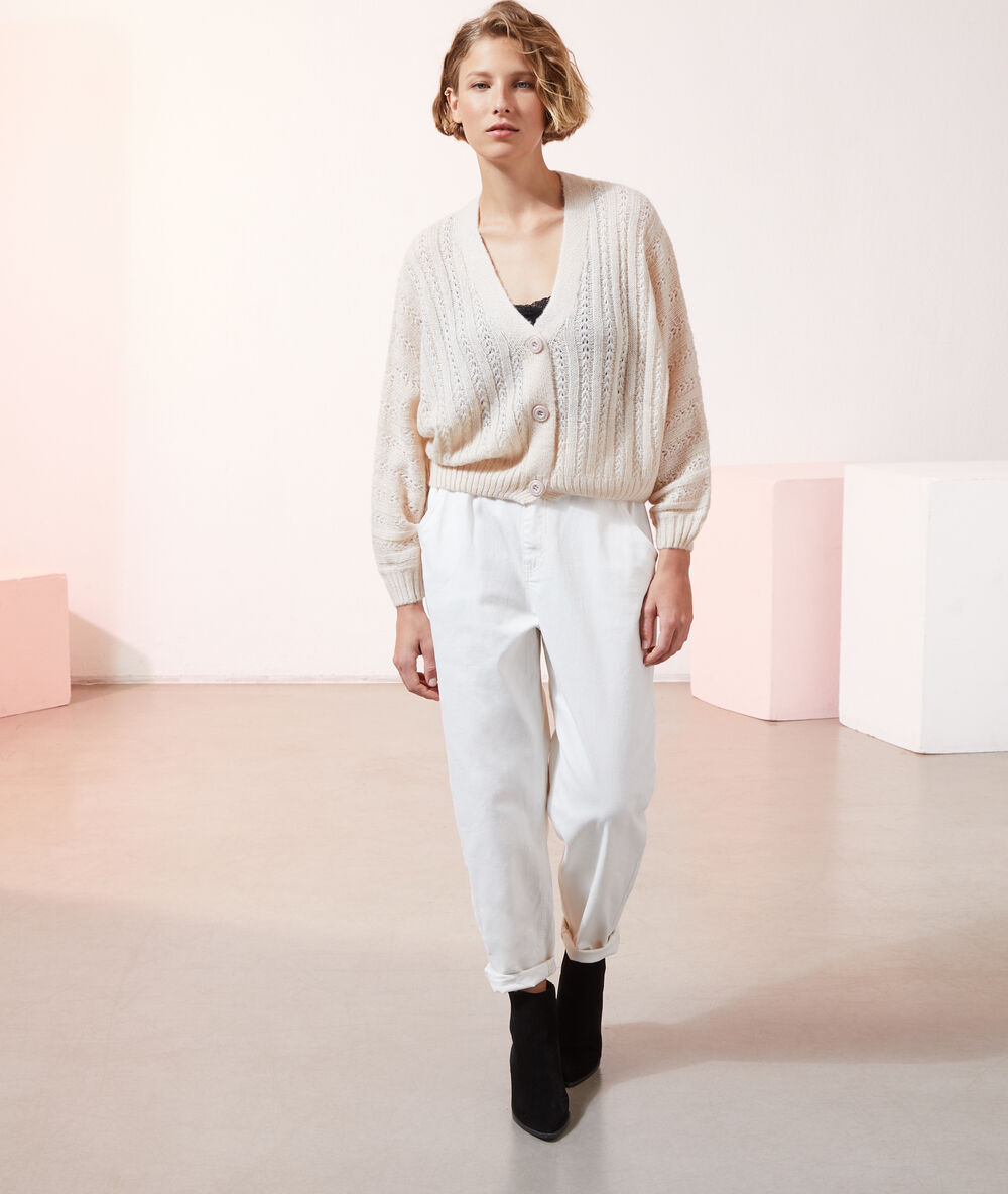 Gilet ample en maille pointelle beige rose.