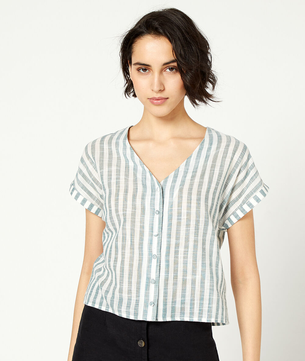 Camisa manga corta estampado de rayas celadón.