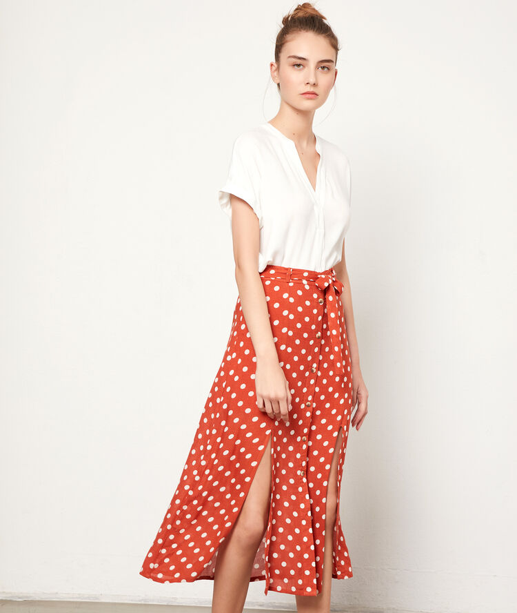 Falda midi estampado de lunares rojo teja.