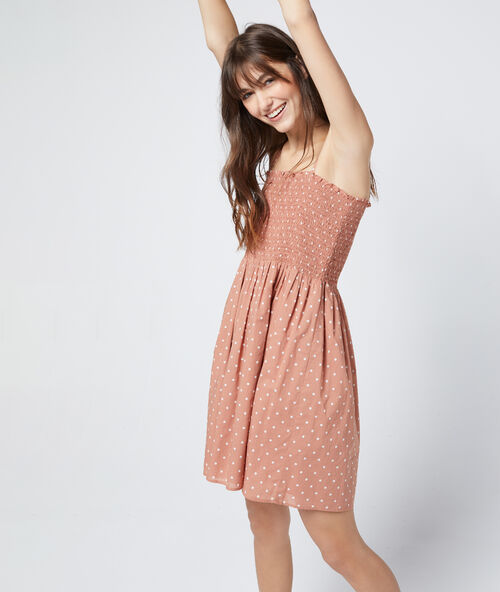 Vestido fruncido con lunares 100% algodón ocre.