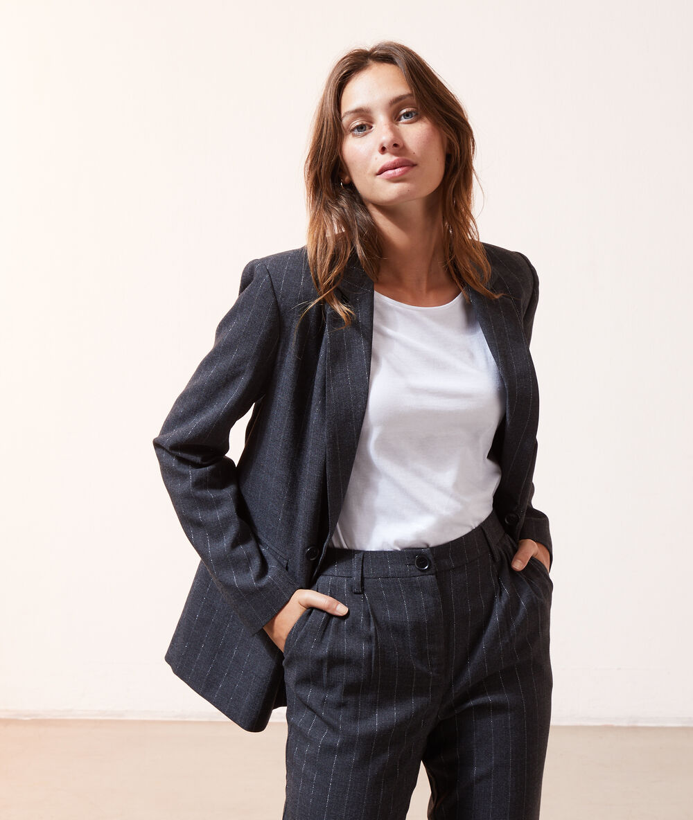 Veste de tailleur à rayures métallisées noir.