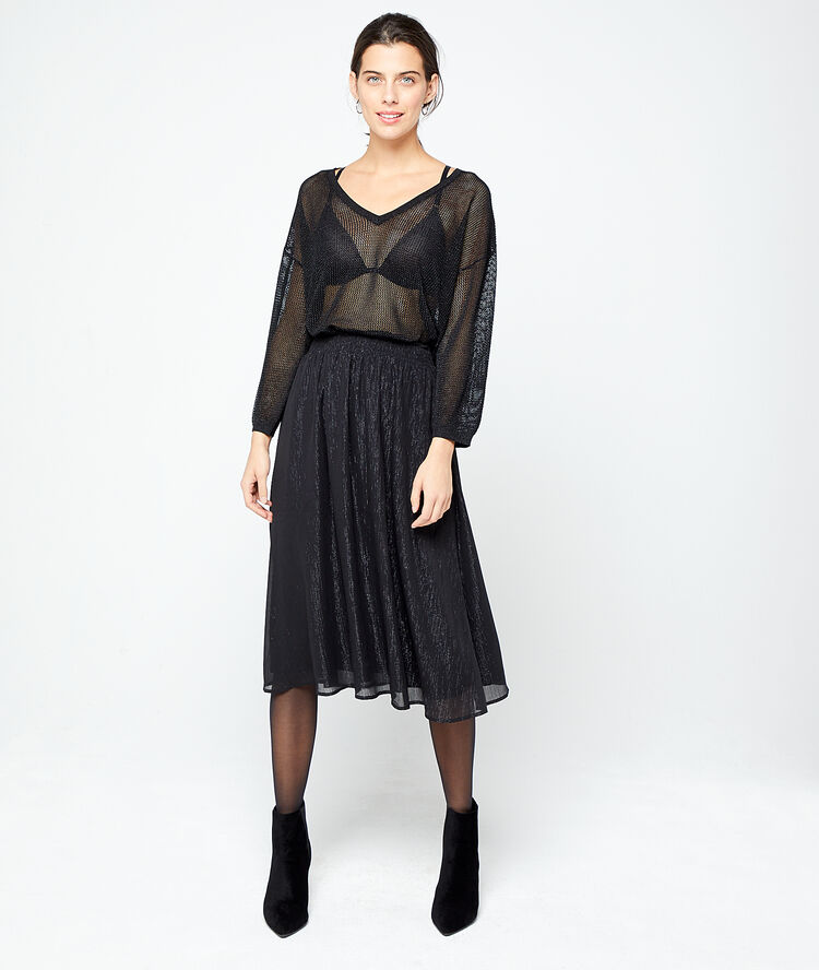Falda midi de hilo metalizado negro.