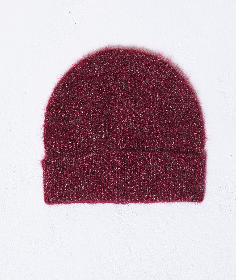 Ensemble bonnet et écharpe à fils métallisés rouge cerise.