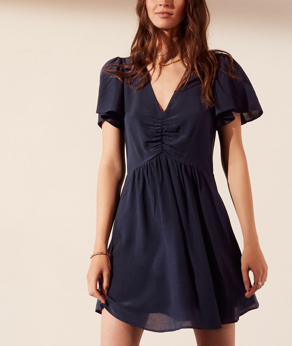 Vestido viscosa, mangas con volantes azul marino.