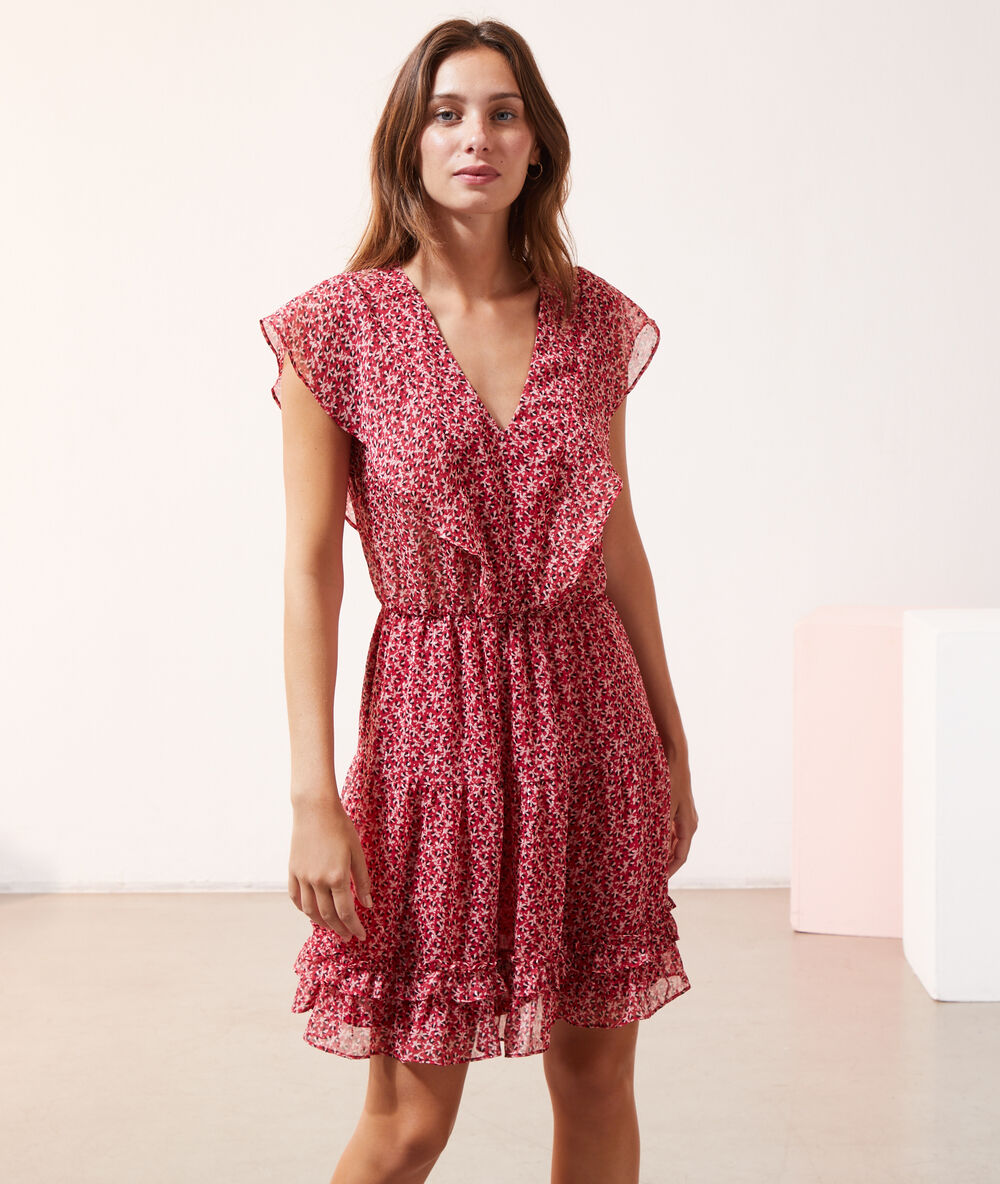 Vestido corto estampado floral con volantes frambuesa.