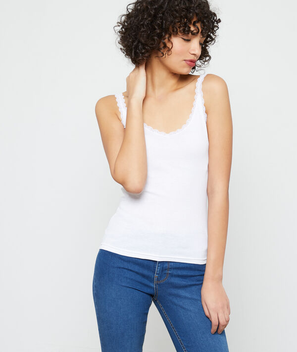 Top de tirantes acanalado con detalles de encaje - PLUME - XS - Blanco - Mujer - Etam
