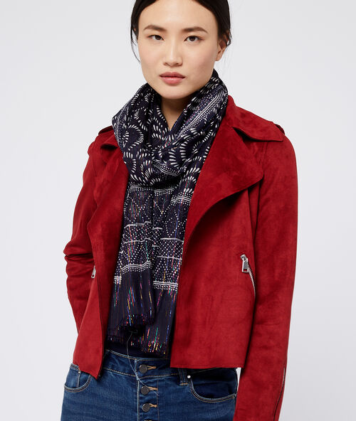 Pa&ntilde;uelo estampado hilo metalizado azul marino.