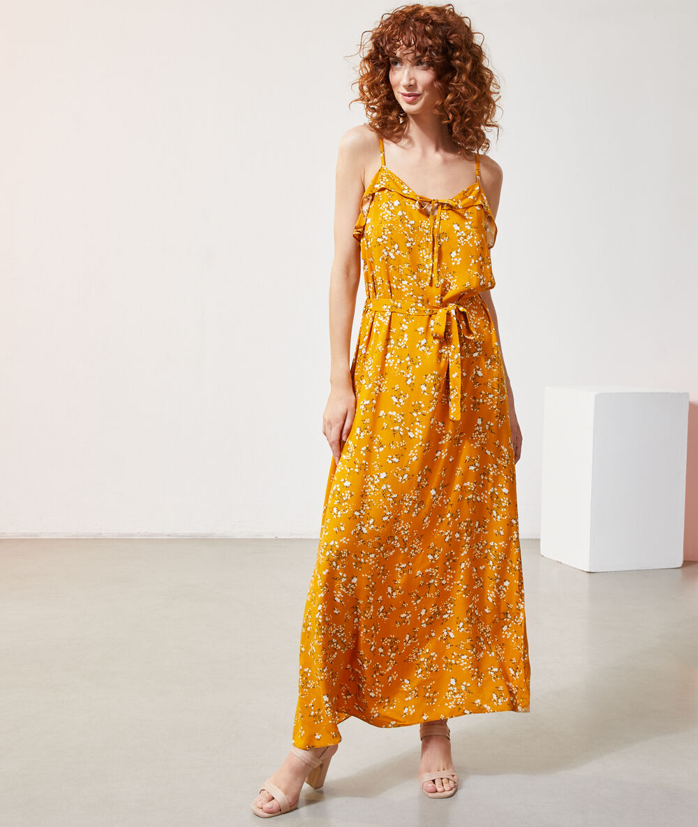 Vestido largo estampado floral azafrán.