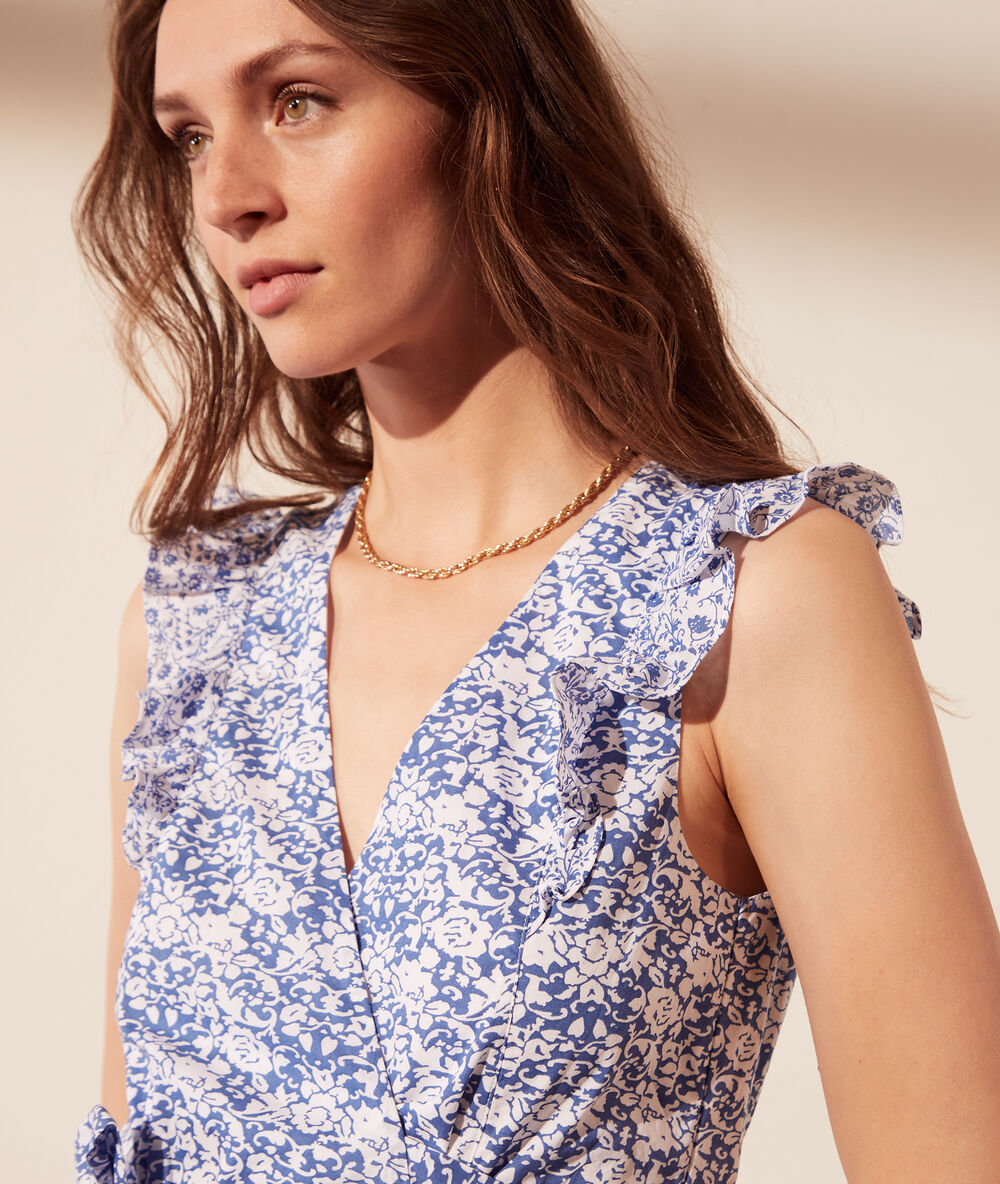 Vestido escote cruzado, estampado floral cielo.