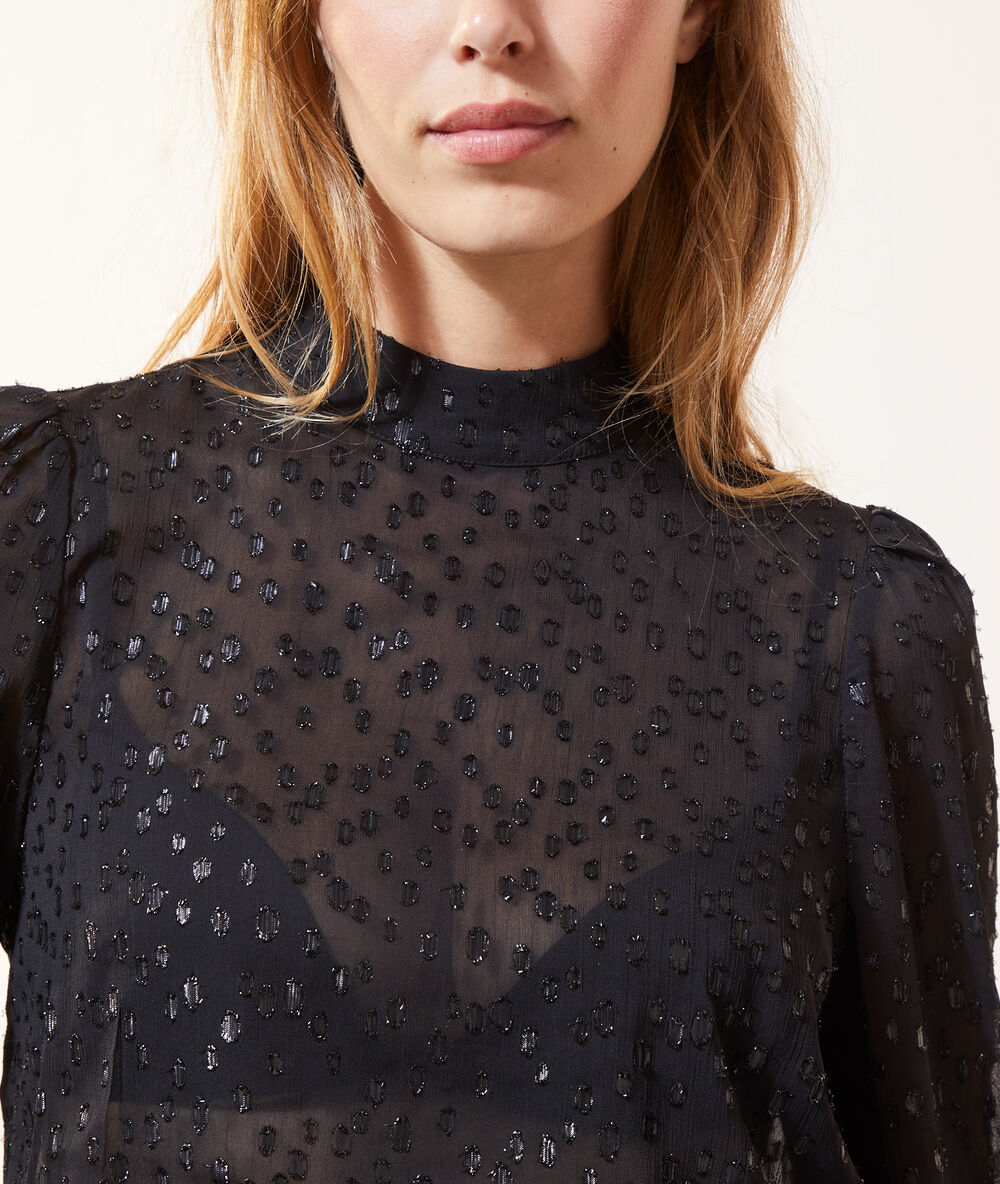 Blouse plumetis transparente noir.