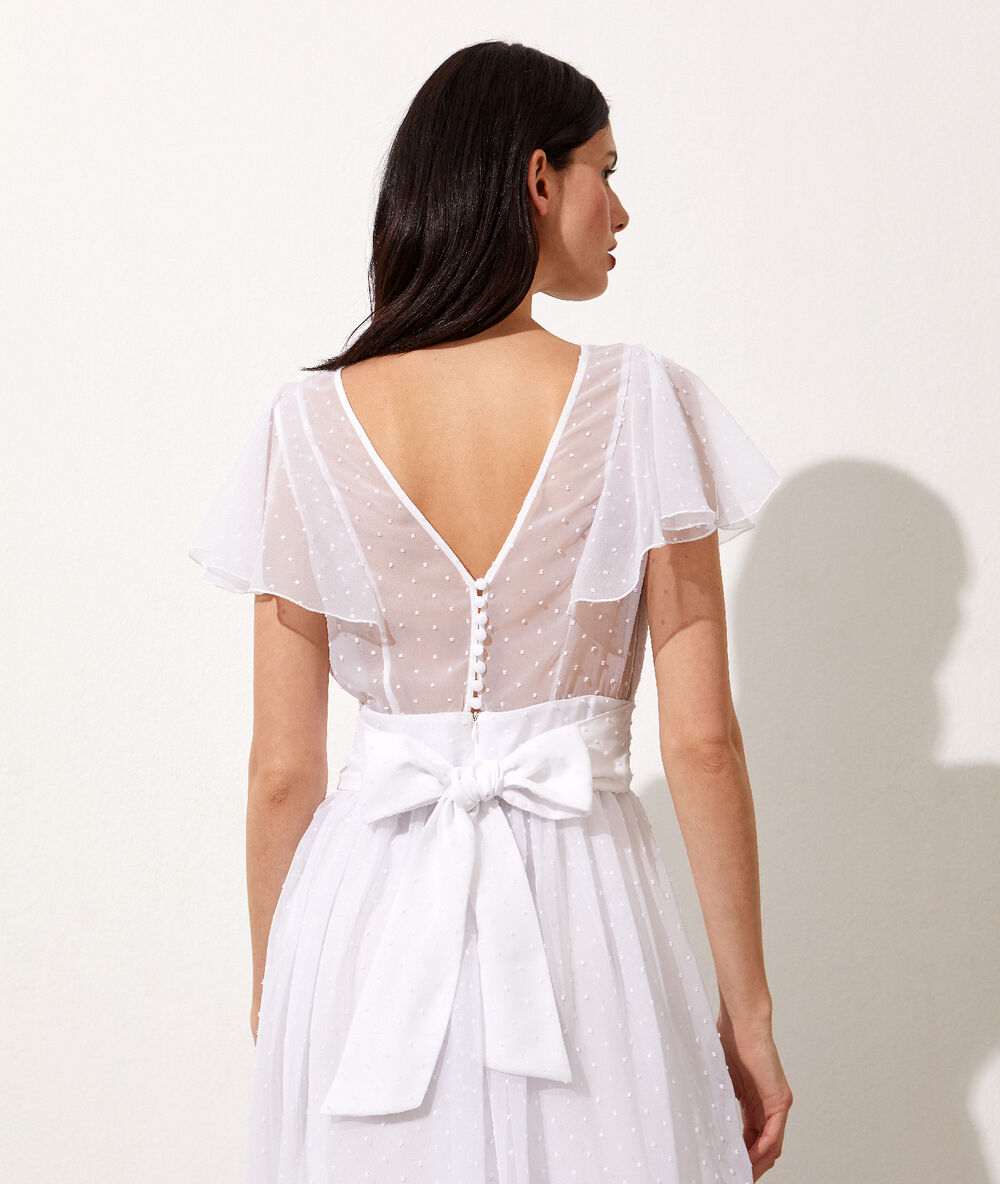 Vestido largo tul plumeti crudo.