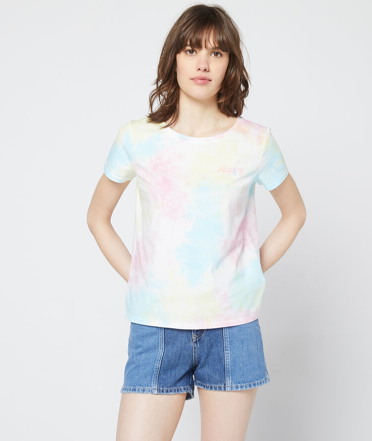 Camiseta estampada tie-dye rosa.