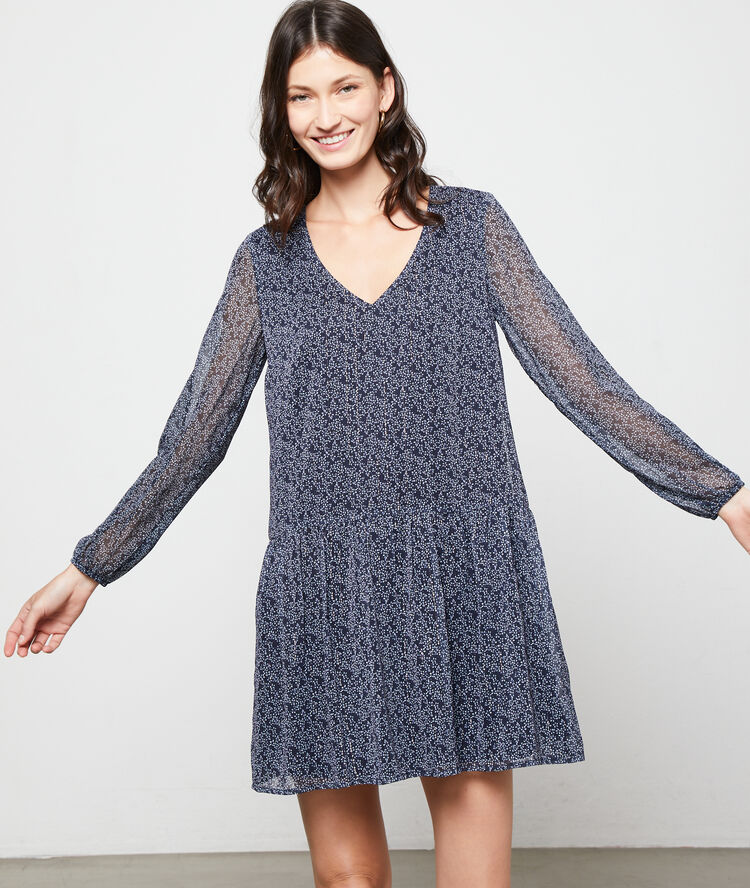 Vestido vaporoso estampado floral azul marino.