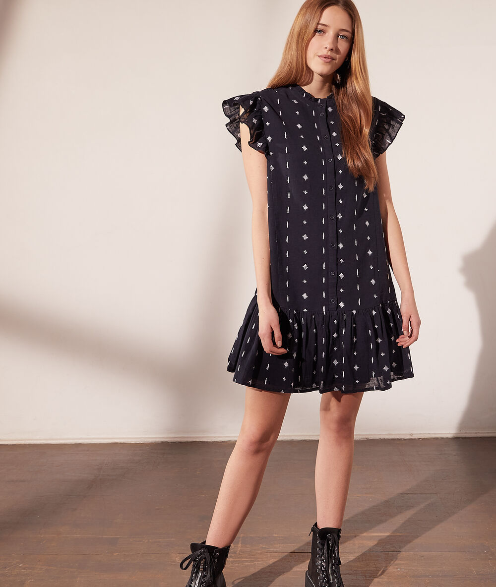 Vestido camisero estampado azul marino.
