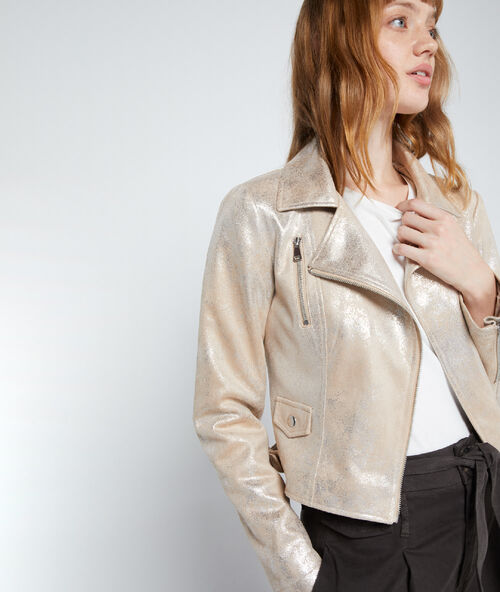 Chaqueta biker efecto metalizado dorado.