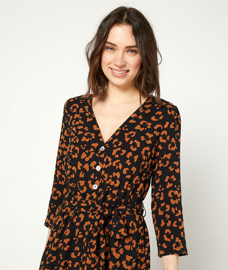Vestido estampado floral anudado negro.