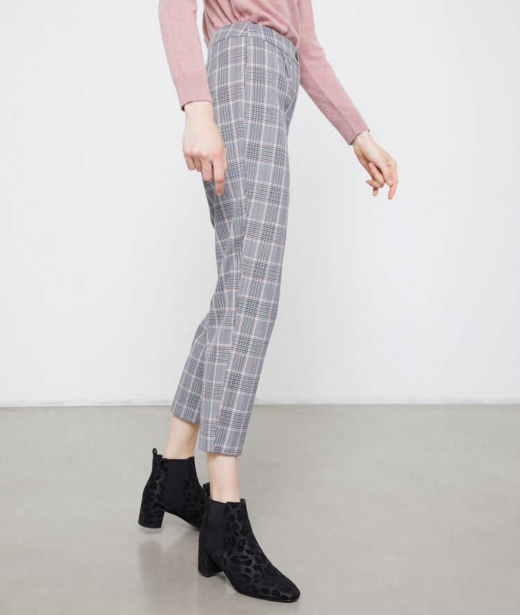 Pantalón de talle alto estampado escocés negro.