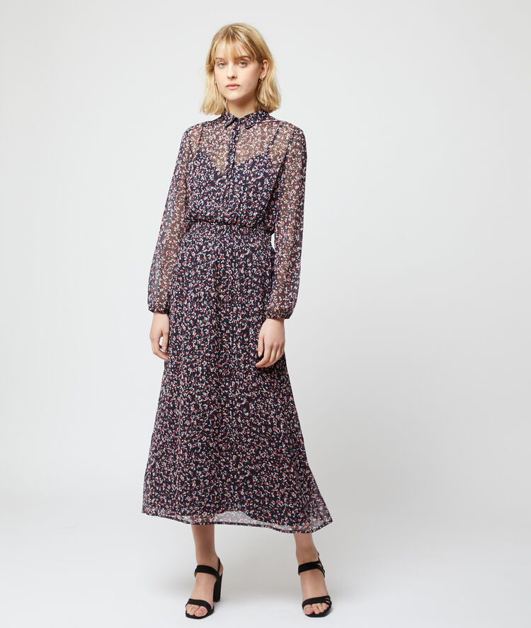 Vestido fruncido estampado floral azul marino.