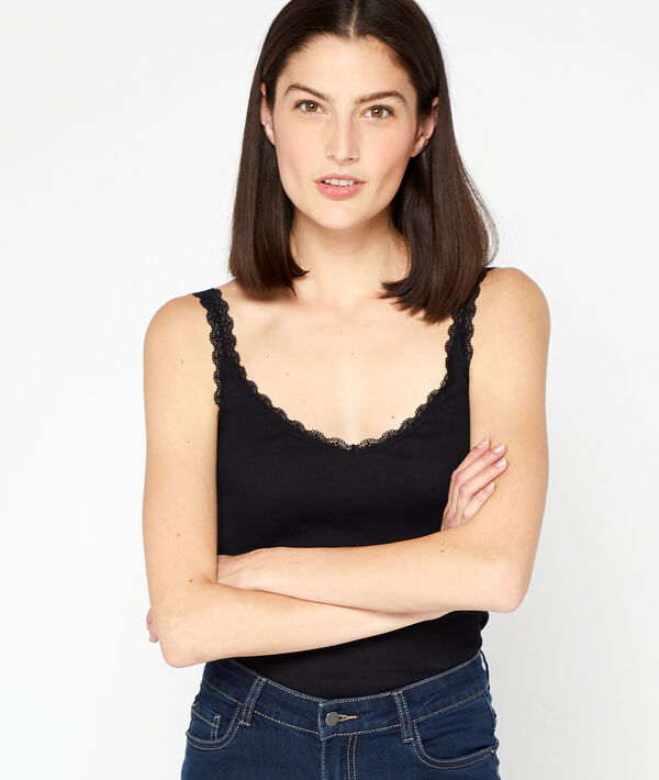 Top de tirantes acanalado con detalles de encaje - PLUME - XS - Negro - Mujer - Etam