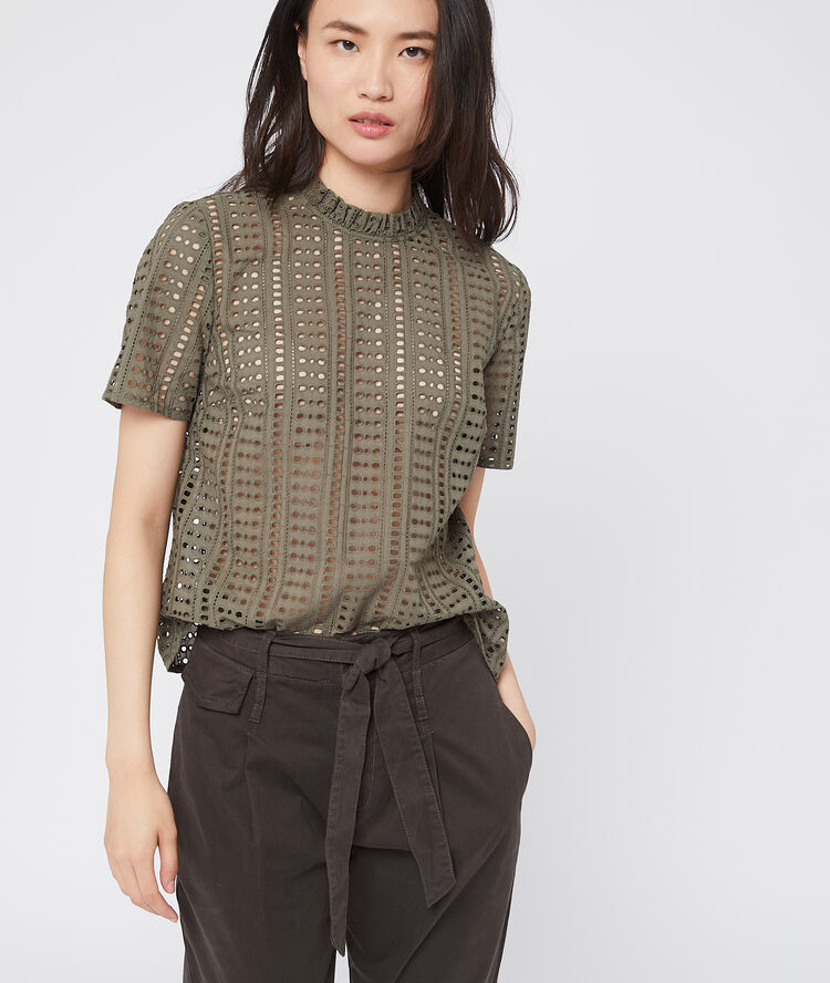 Blusa de guipur calado caqui.