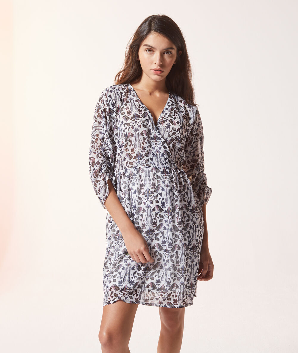 Robe courte imprimée fleurie ecru.