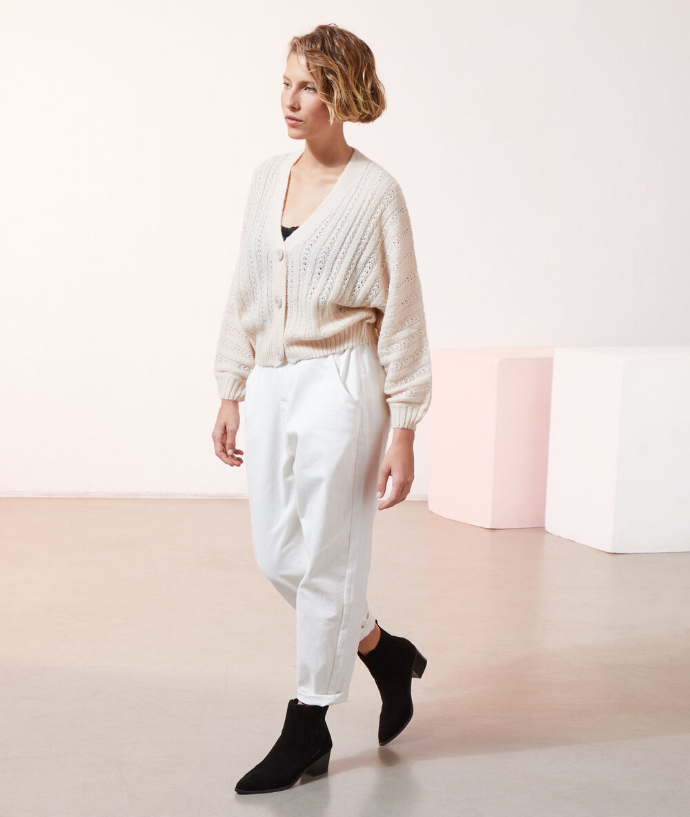 Gilet ample en maille pointelle beige rose.