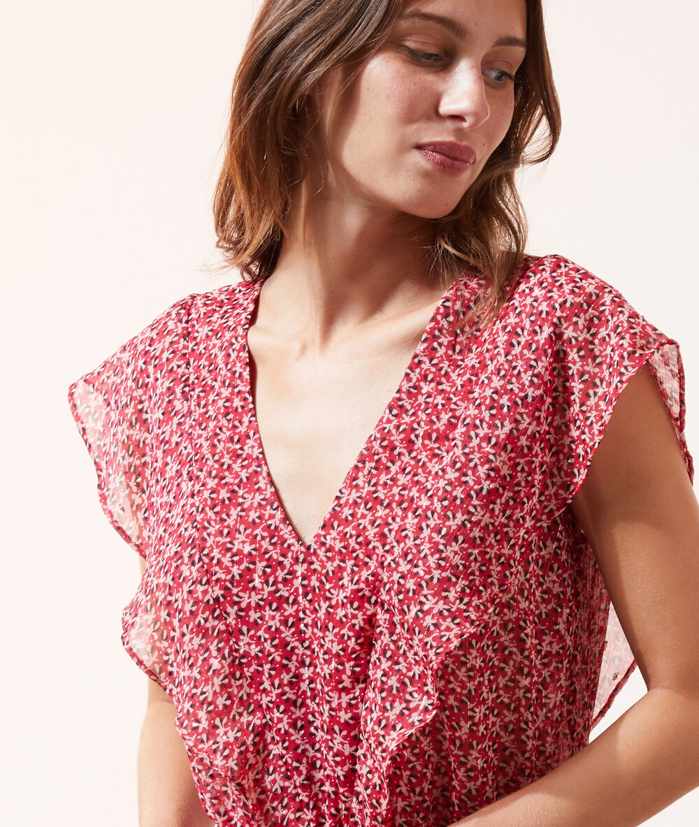 Vestido corto estampado floral con volantes frambuesa.