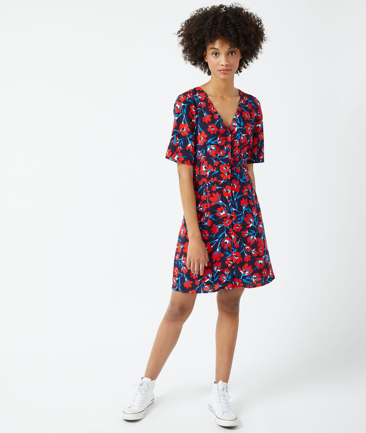 Vestido estampado floral azul marino.