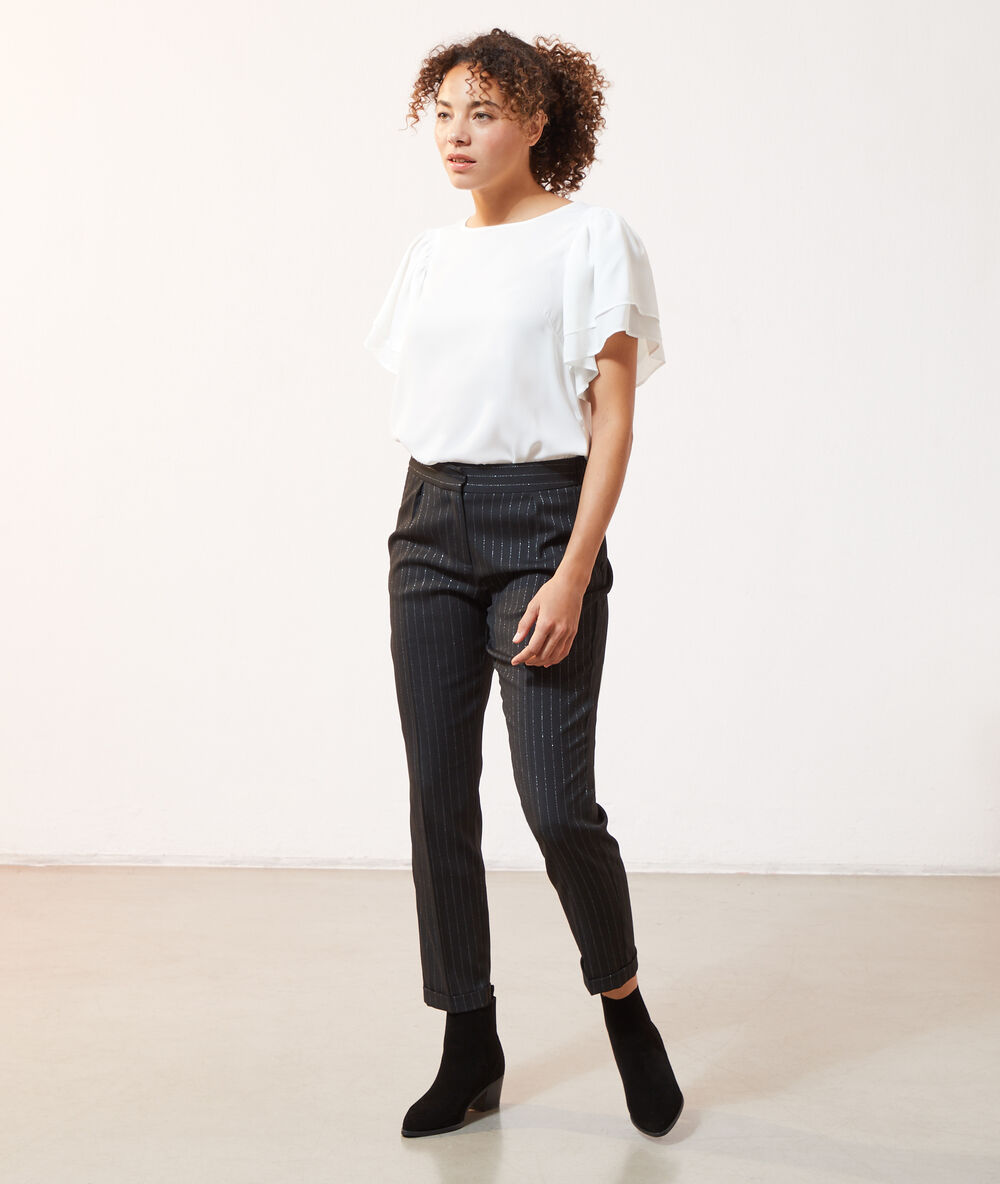 Pantalon carotte à rayures métallisées noir.
