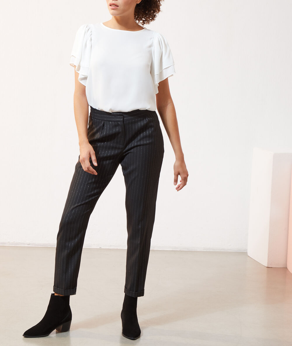 Pantalon carotte à rayures métallisées noir.