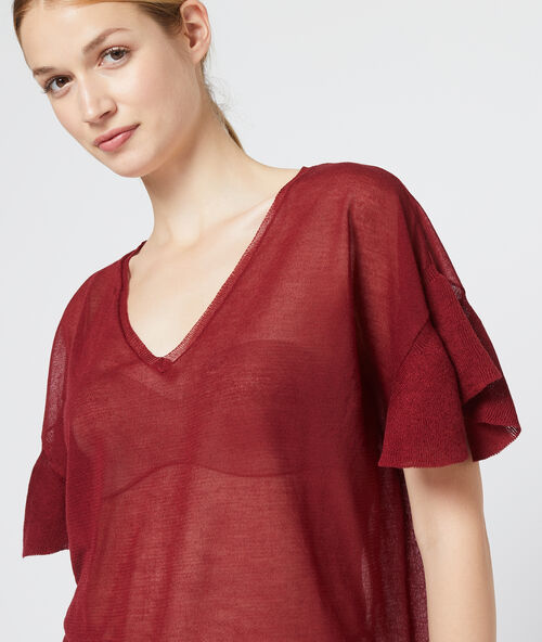 Camiseta efecto transparente de punto fino granate.