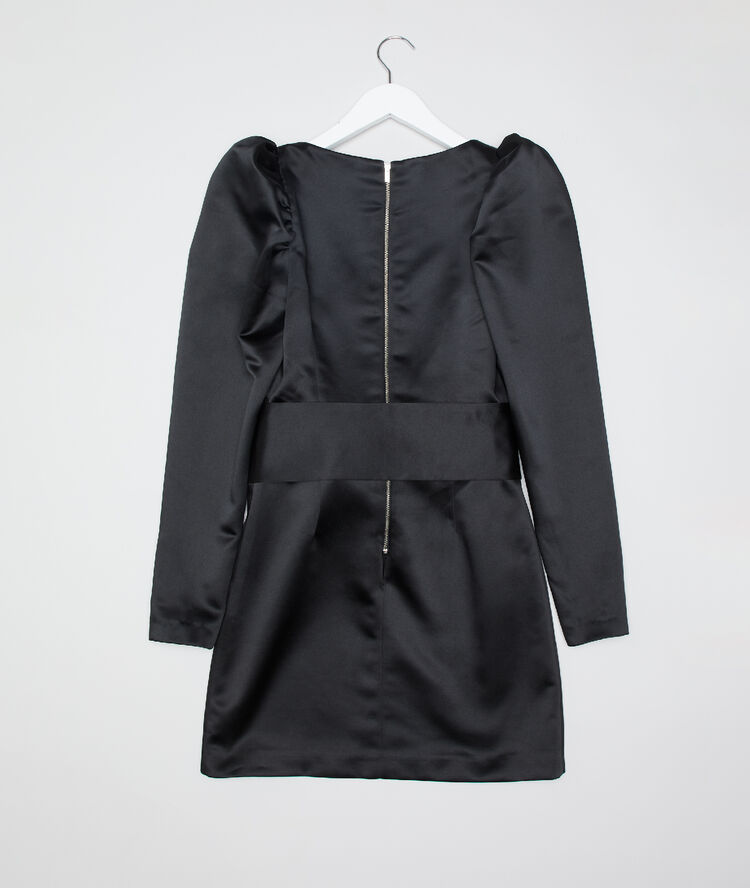 Vestido satinado con mangas abombadas negro.