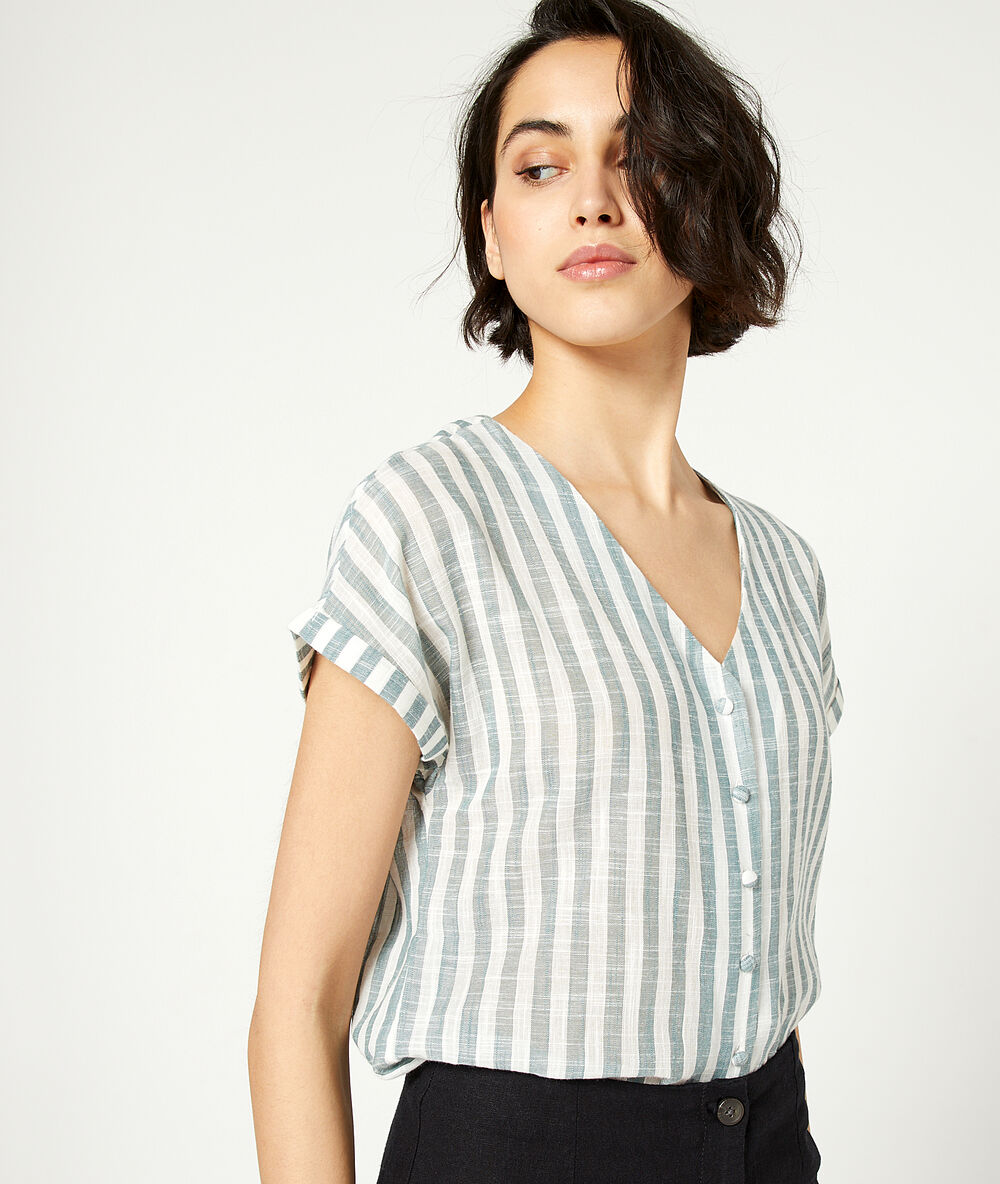 Camisa manga corta estampado de rayas celadón.