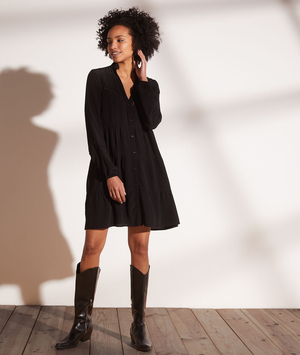 Vestido camisero, mangas abullonadas negro.
