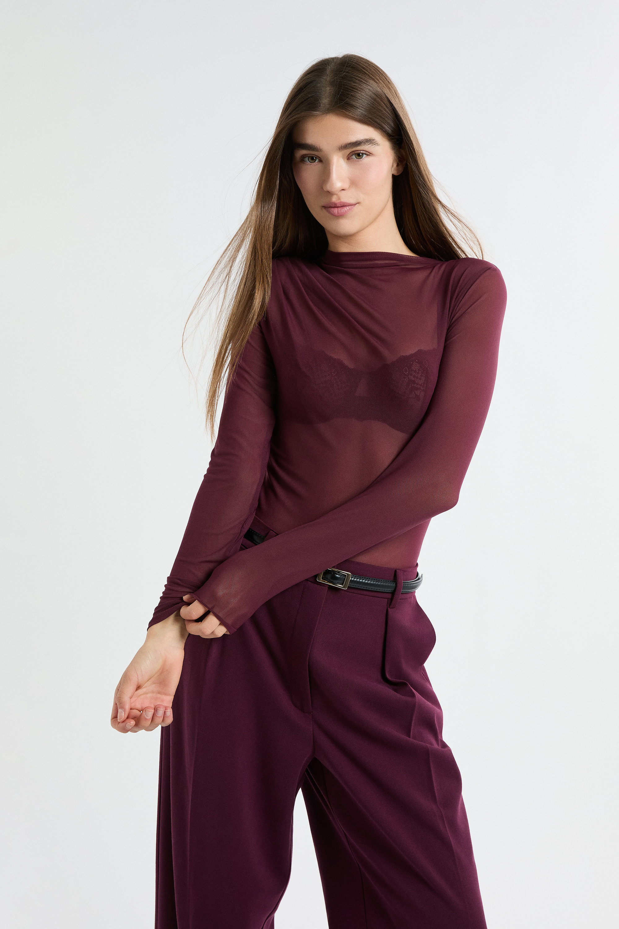 Blusa Corta De Malla Transparente De Manga Larga Para Mujer, Color Morado Claro, Talla S, Gradiente Púrpura Claro