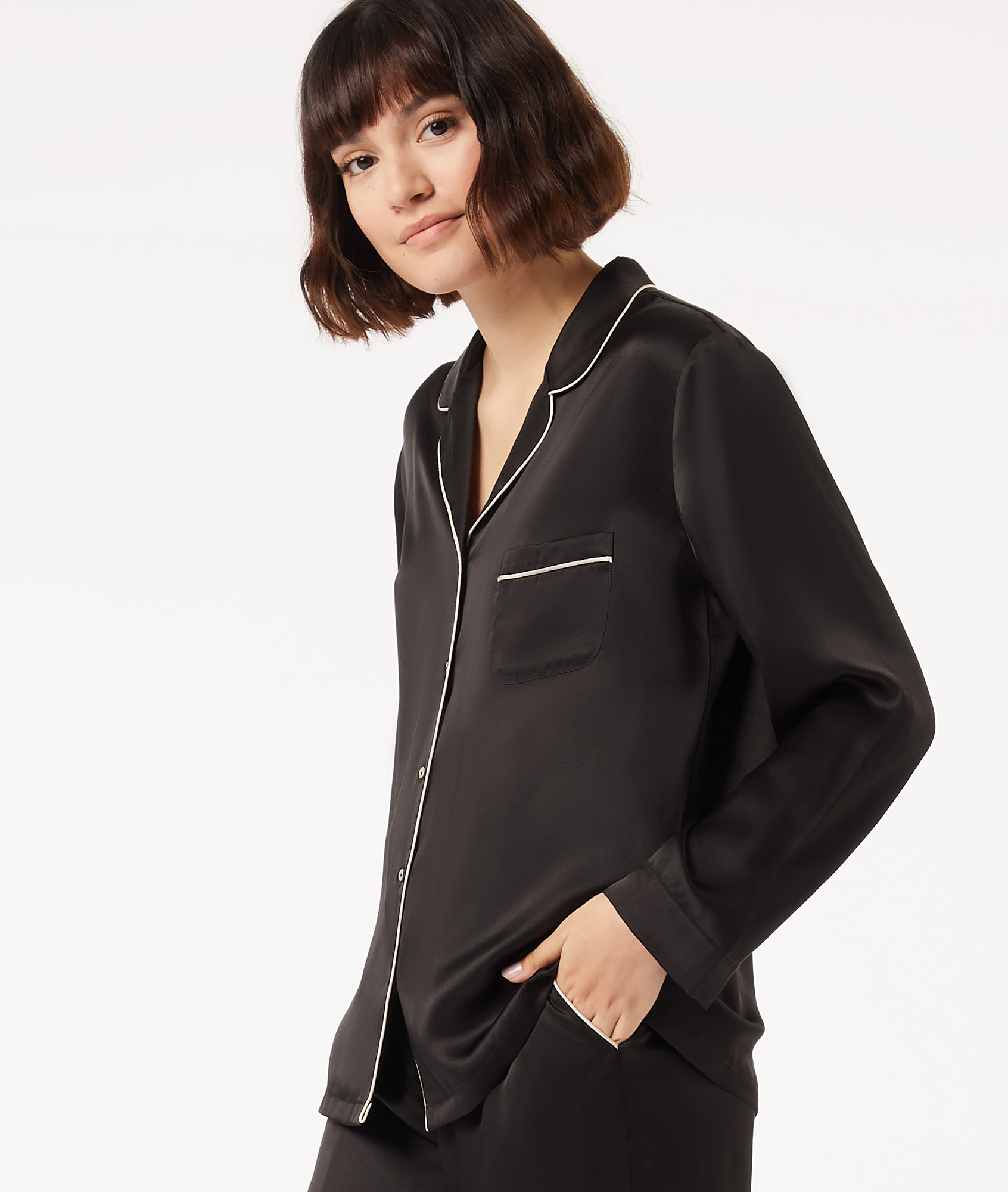 Camisa pijama de seda - MILKY - NOIR - ETAM